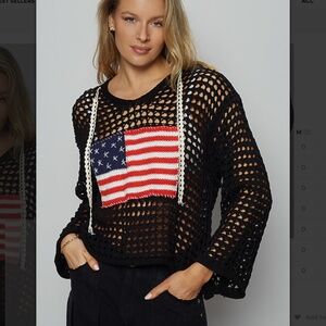 POL โ USA โ POL Open Knit Sweater Hoodie with American Flag SR19